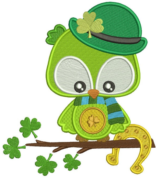 Lucky Owl Holding Horseshoe St. Patrick's Day Filled Machine Embroidery Design Digitized Pattern