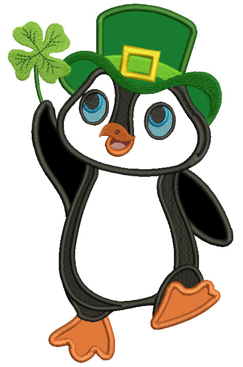 Lucky Penguin Holding a Shamrock St. Patrick's Applique Machine Embroidery Design Digitized Pattern