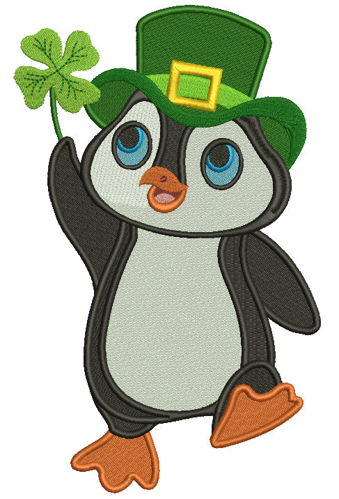 Lucky Penguin Holding a Shamrock St. Patrick's Filled Machine Embroidery Design Digitized Pattern