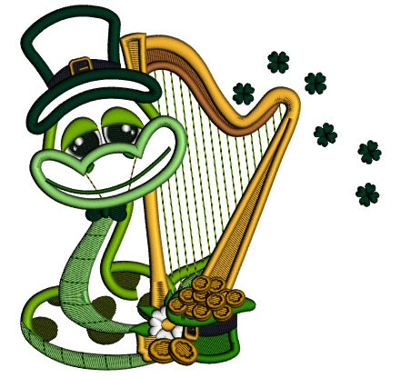 Lucky Snake Wearing Playing Harp St. Patrick's Applique Machine Embroidery Design Digitized Pattern
