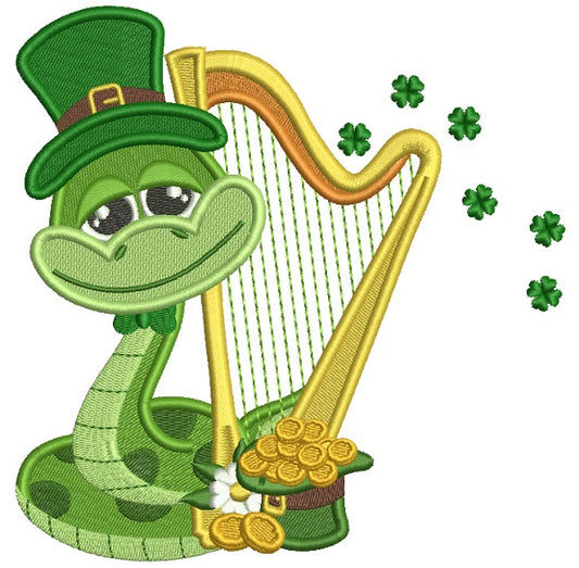 Lucky Snake Wearing Playing Harp St. Patrick's Filled Machine Embroidery Design Digitized Pattern