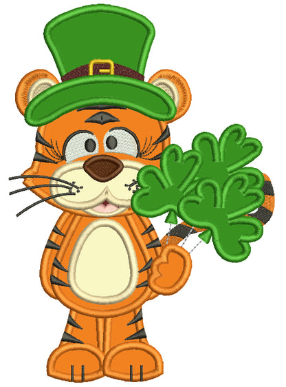 Lucky Tiger Holding Shamrock Bouquet St. Patrick's Applique Machine Embroidery Design Digitized Pattern