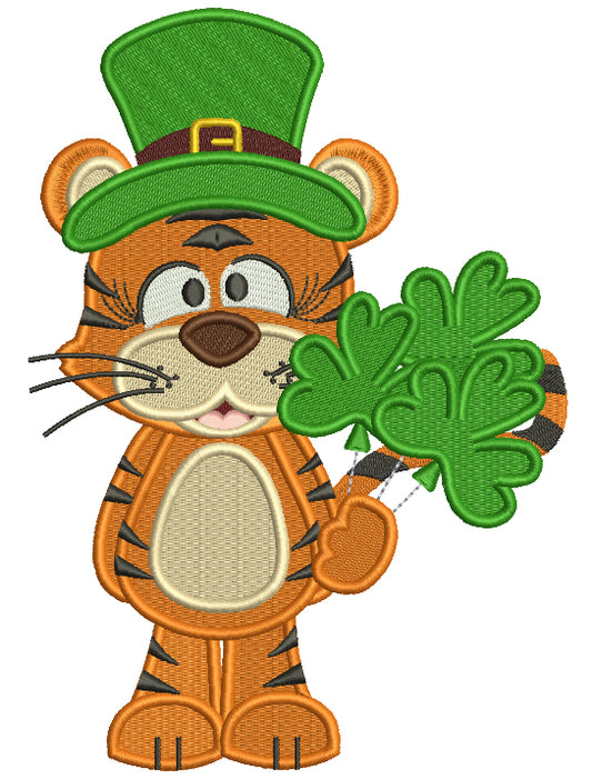 Lucky Tiger Holding Shamrock Bouquet St. Patrick's Filled Machine Embroidery Design Digitized Pattern