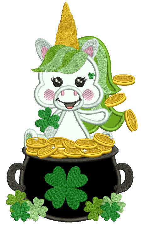 Lucky Unicorn Sitting In The Pot Of Gold St. Patrick's Applique Machine Embroidery Design Digitized Pattern