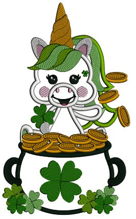 Lucky Unicorn Sitting In The Pot Of Gold St. Patrick's Applique Machine Embroidery Design Digitized Pattern