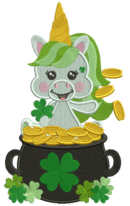 Lucky Unicorn Sitting In The Pot Of Gold St. Patrick's Filled Machine Embroidery Design Digitized Pattern