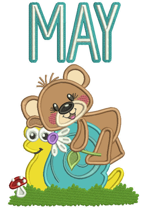 MAY Cute Bear And a Snail Applique Machine Embroidery Design Digitized Pattern