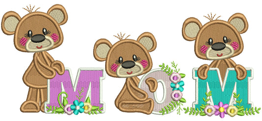 MOM Three Baby Bears Filled Machine Embroidery Design Digitized Pattern