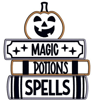 Magic Potions Spells Pumpkin On Books Halloween Applique Machine Embroidery Design Digitized Pattern