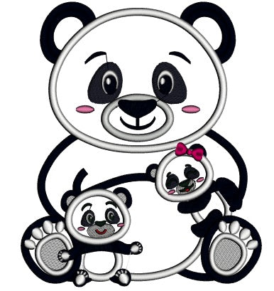 Mama Panda Holding Two Babie Pandas Applique Machine Embroidery Design Digitized Pattern