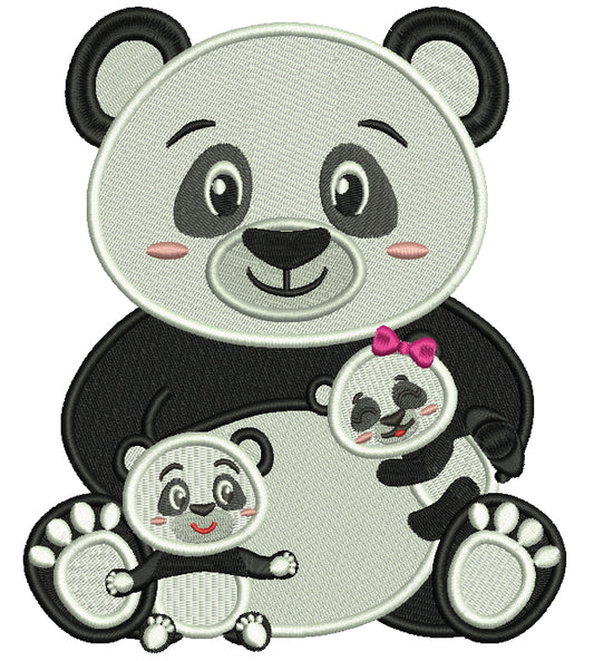 Mama Panda Holding Two Babie Pandas Filled Machine Embroidery Design Digitized Pattern