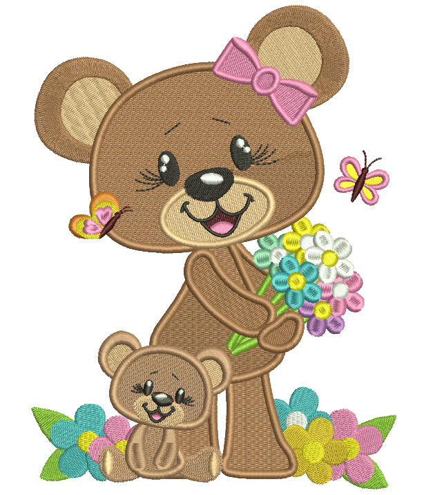 Mama and Baby Bear With Flowers Filled Machine Embroidery Design Digitized Pattern