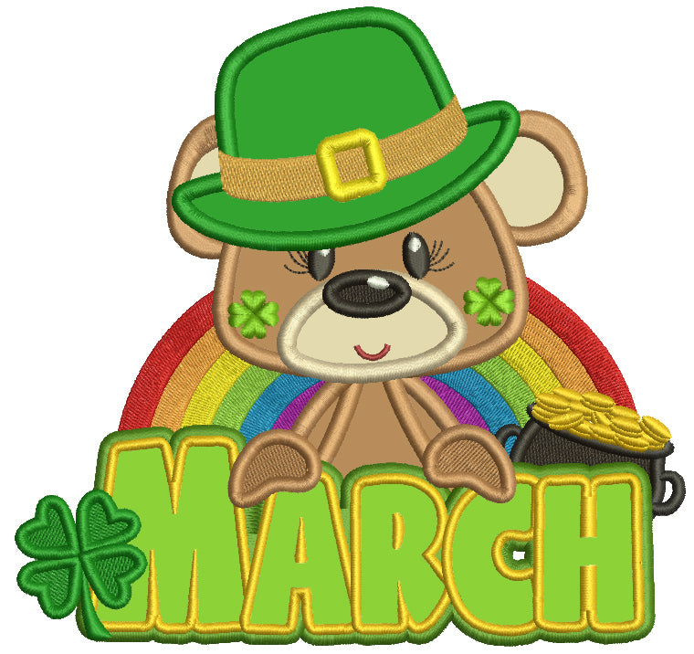 March Bear Wearing a Big Hat St. Patrick's Day Applique Machine Embroidery Design Digitized Pattern