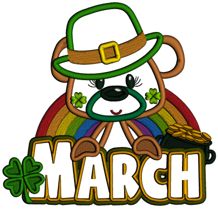 March Bear Wearing a Big Hat St. Patrick's Day Applique Machine Embroidery Design Digitized Pattern