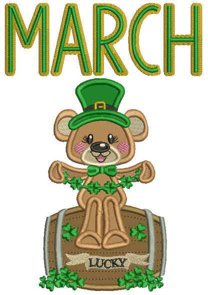 March Lucky Bear St.Patrick's Day Applique Machine Embroidery Design Digitized Pattern