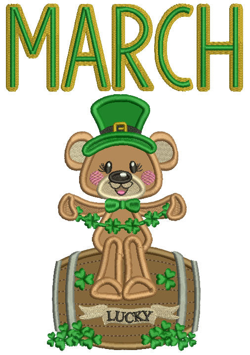 March Lucky Bear St.Patrick's Day Applique Machine Embroidery Design Digitized Pattern