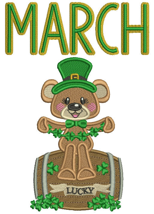 March Lucky Bear St.Patrick's Day Filled Machine Embroidery Design Digitized Pattern