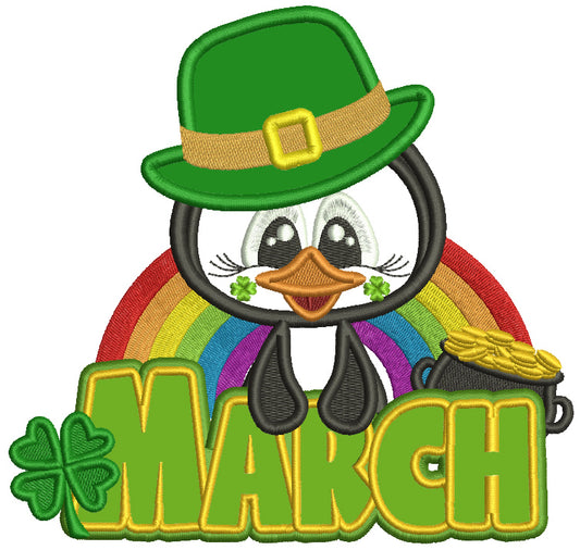 March Penguin Wearing a Big Hat St. Patrick's Day Applique Machine Embroidery Design Digitized Pattern