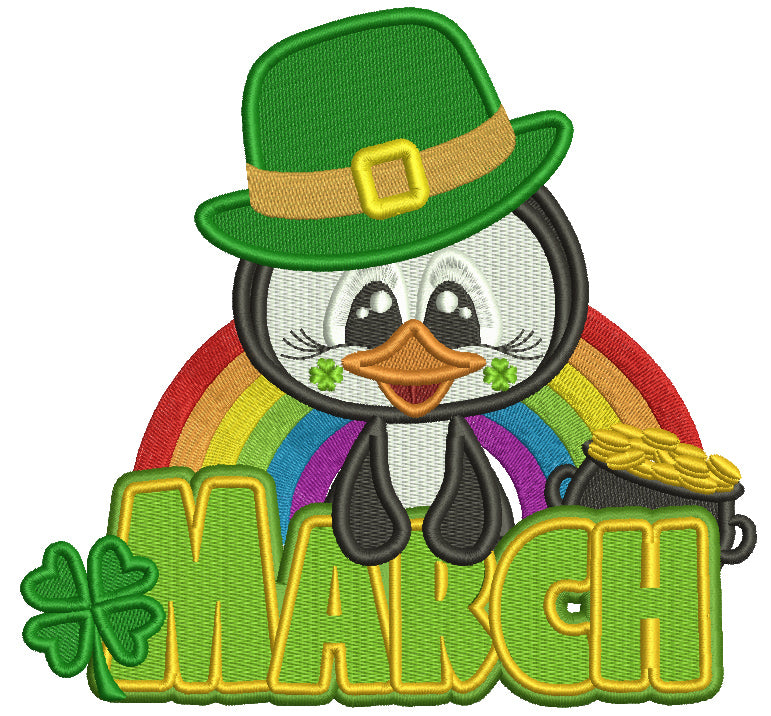 March Penguin Wearing a Big Hat St. Patrick's Day Filled Machine Embroidery Design Digitized Pattern
