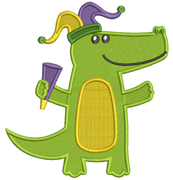 Mardi Gras Alligator Wearing Jester Hat Filled Machine Embroidery Design Digitized Pattern