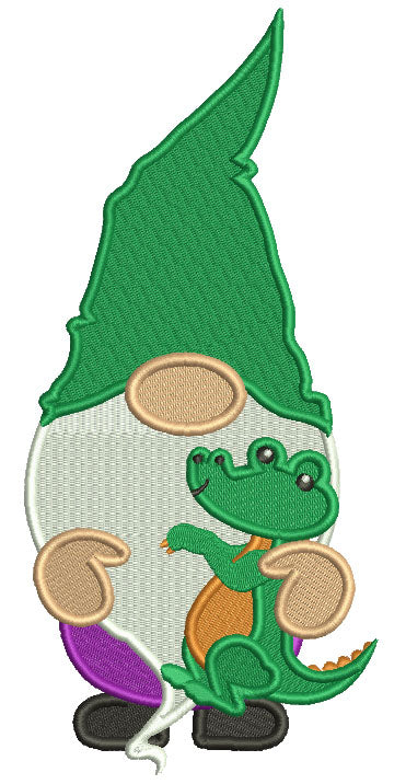 Mardi Gras Gnome Holding Alligator Filled Machine Embroidery Design Digitized Pattern
