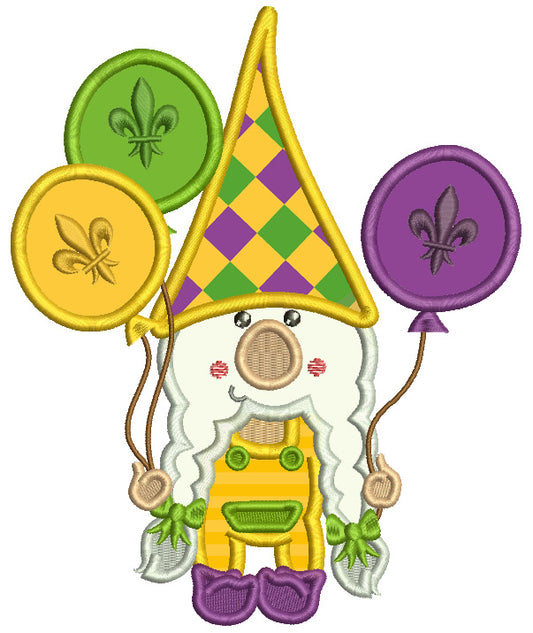 Mardi Gras Gnome Holding Balloons Applique Machine Embroidery Design Digitized Pattern