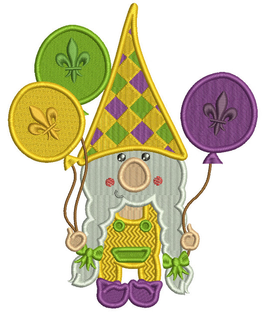 Mardi Gras Gnome Holding Balloons Filled Machine Embroidery Design Digitized Pattern