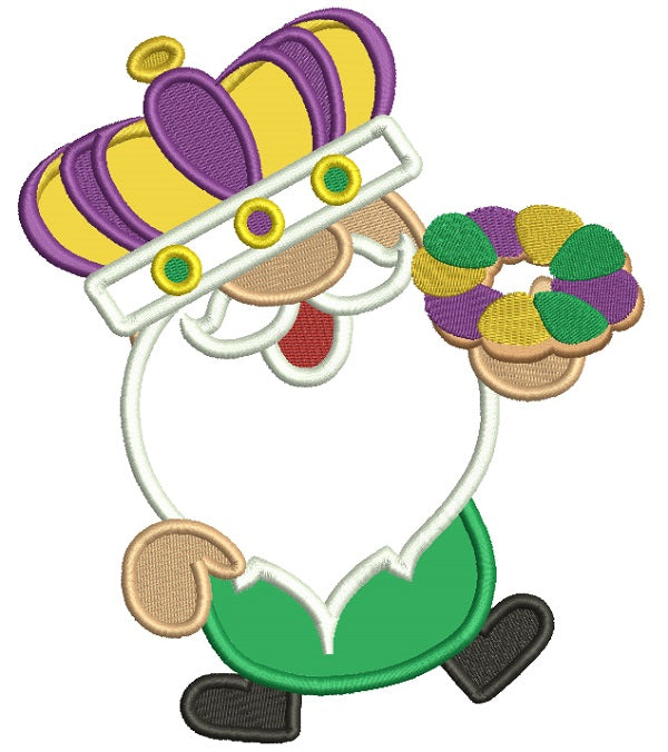 Mardi Gras Gnome Wearing a Crown Applique Machine Embroidery Design Digitized Pattern