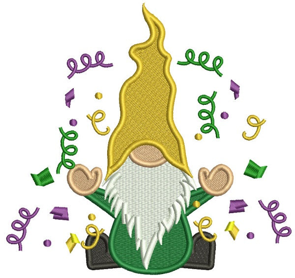 Mardi Gras Gnome With Lots of Confetti Filled Machine Embroidery Design Digitized Pattern