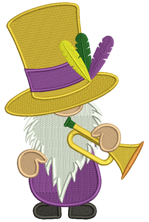 Mardi Gras Gnome With a Trumpet Filled Machine Embroidery Design Digitized Pattern