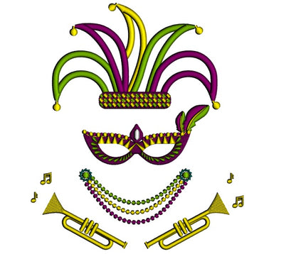 Mardi Gras Jester Hat Beads and Trumpet Applique Machine Embroidery Design Digitized Pattern