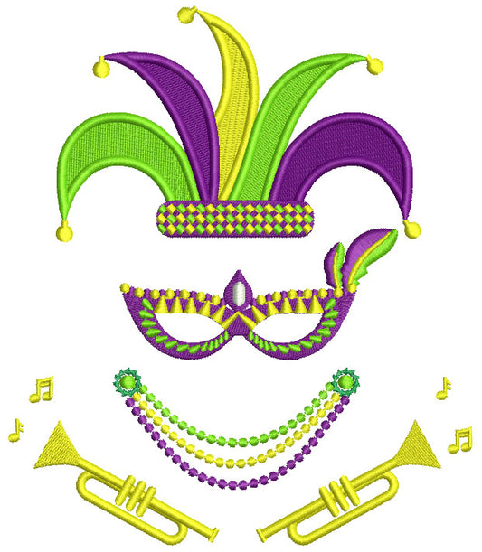 Mardi Gras Jester Hat Beads and Trumpet Filled Machine Embroidery Design Digitized Pattern