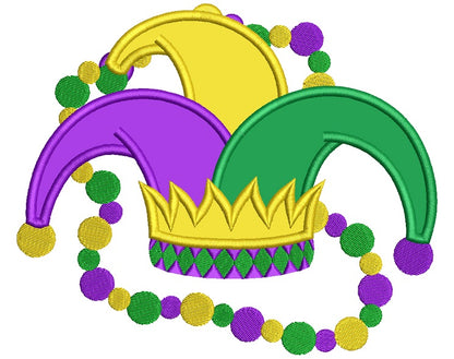 Mardi Gras Jester Hat With Beads Applique Machine Embroidery Design Digitized Pattern