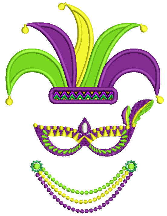 Mardi Gras Jester Hat and Beads Applique Machine Embroidery Design Digitized Pattern
