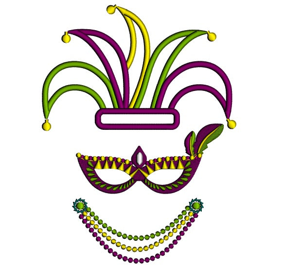 Mardi Gras Jester Hat and Beads Applique Machine Embroidery Design Digitized Pattern