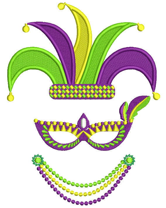 Mardi Gras Jester Hat and Beads Filled Machine Embroidery Design Digitized Pattern