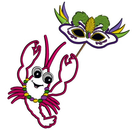 Mardi Gras Lobster Holding The Mask Applique Machine Embroidery Design Digitized Pattern
