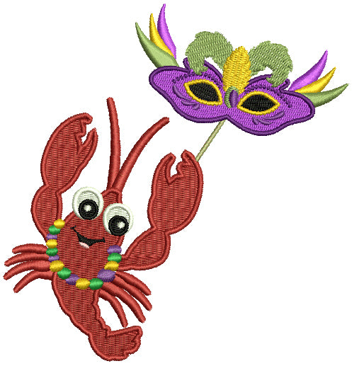 Mardi Gras Lobster Holding The Mask Filled Machine Embroidery Design Digitized Pattern