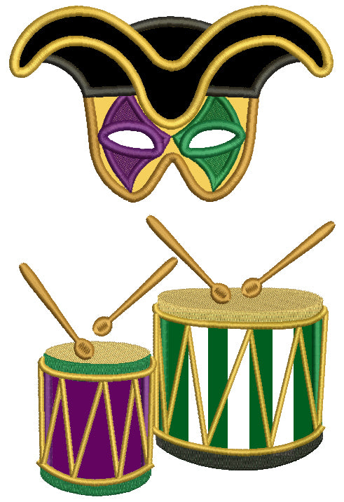 Mardi Gras Mask And Drums Applique Machine Embroidery Design Digitized Pattern
