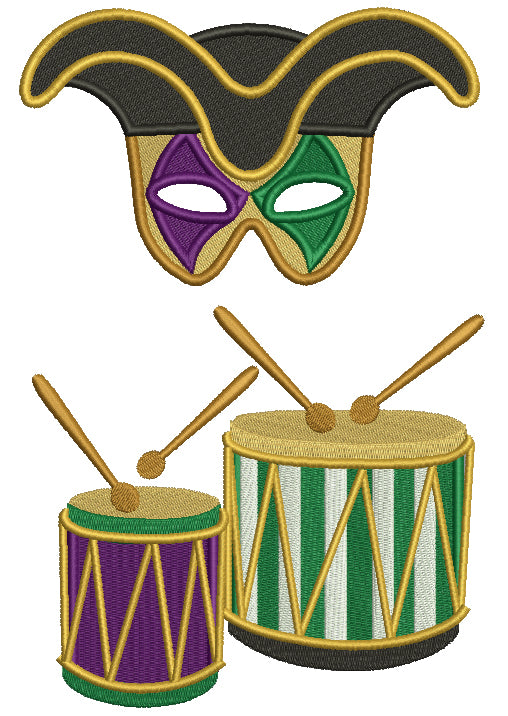 Mardi Gras Mask And Drums Filled Machine Embroidery Design Digitized Pattern