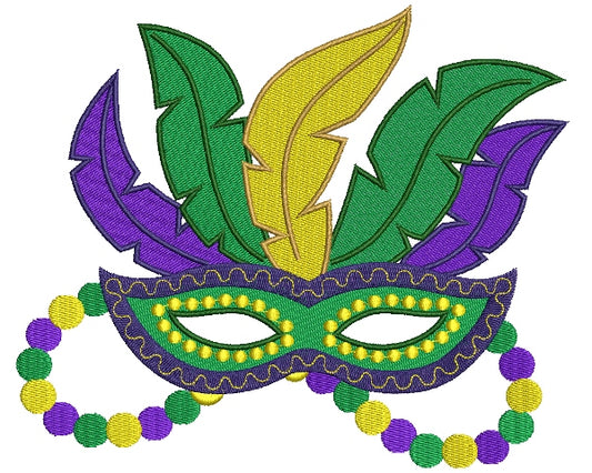 Mardi Gras Mask With Beads and Feathers Filled Machine Embroidery Digitized Design Pattern