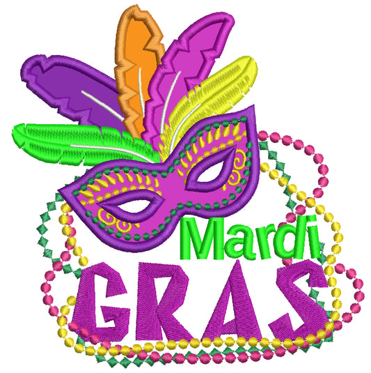 Mardi Gras Mask With Feathers and Beads Applique Machine Embroidery Design Digitized Pattern
