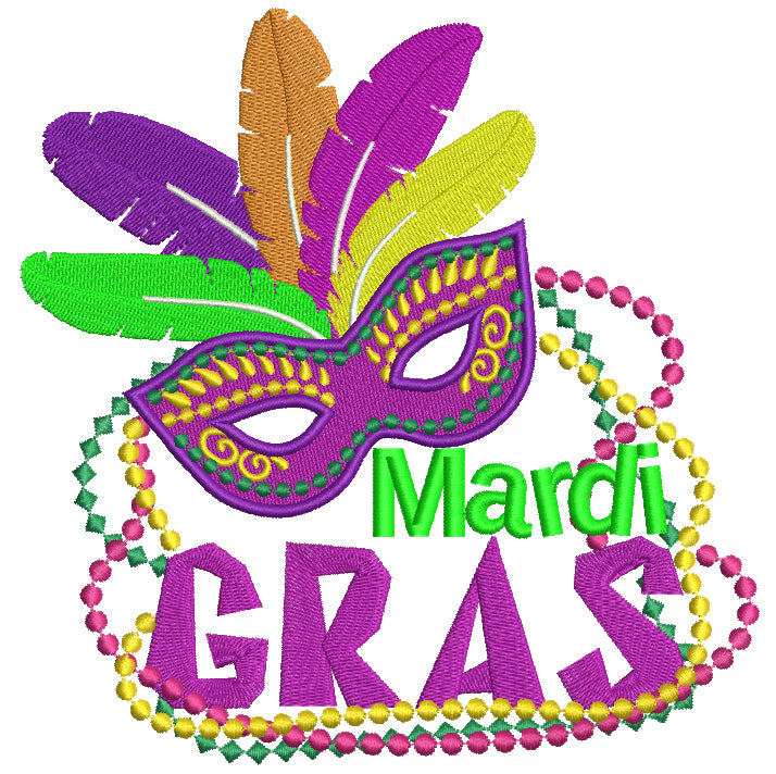 Mardi Gras Mask With Feathers and Beads Filled Machine Embroidery Design Digitized Pattern