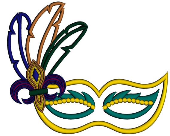 Mardi Gras Mask With Feathers and fleur de lis Applique Machine Embroidery Digitized Design Pattern