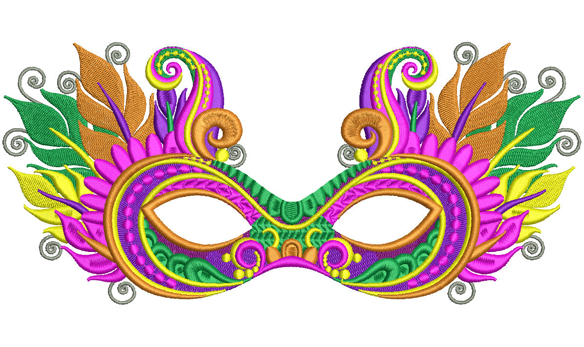 Mardi Gras Mask With Fancy Feathers and Ornaments Filled Machine Embroidery Design Digitized Pattern