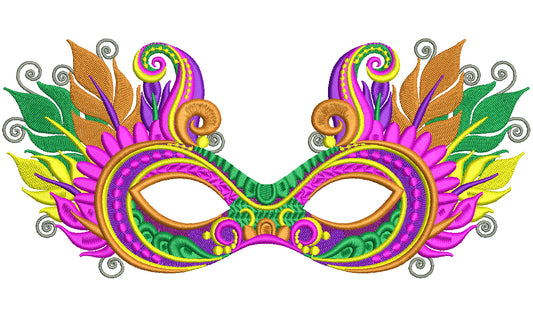 Mardi Gras Mask With Fancy Feathers and Ornaments Filled Machine Embroidery Design Digitized Pattern