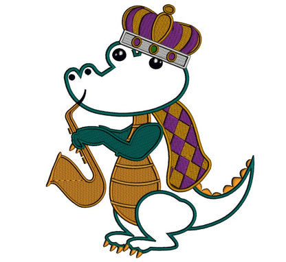 Mardi Grass Alligator Waring a Crown And Palying Saxophone Applique Machine Embroidery Design Digitized Pattern