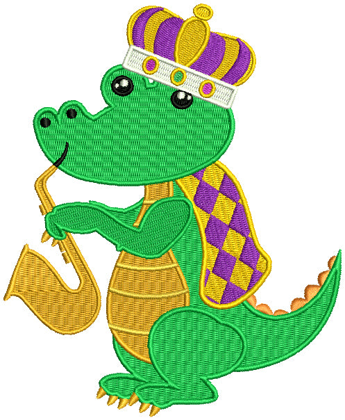 Mardi Grass Alligator Waring a Crown And Playing Saxophone Filled Machine Embroidery Design Digitized Pattern