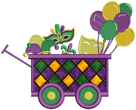Mardi Grass Wagon With Masks and Balloons Applique Machine Embroidery Design Digitized Pattern
