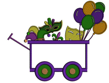 Mardi Grass Wagon With Masks and Balloons Applique Machine Embroidery Design Digitized Pattern